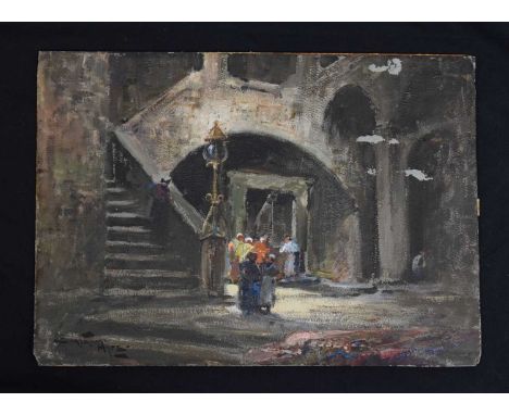 Bartram Hiles (1872-1927) - Acrylic on paper - Figures in front of a staircase, 27cm x 38cm, signed lower left, unframed, tog