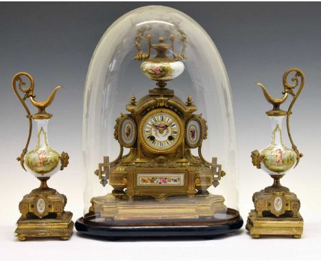 Late 19th century French gilt spelter and porcelain three-piece clock garniture, the clock with 3-inch cellular Roman dial, t