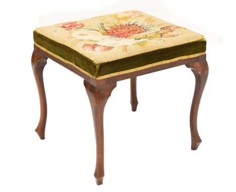 Walnut cabriole leg stool, having floral tapestry upholstery, 54cm x 51cm (seat) x 54cm high