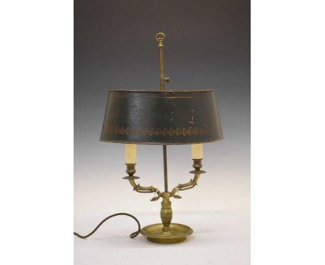 French two-light brass bouillotte lamp with adjustable painted toleware shade with laurel wreath finial, swan neck branches a