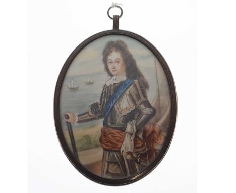 Late 19th or early 20th century oval porcelain portrait miniature of an 18th century soldier, possibly John 1st Duke of Marlb