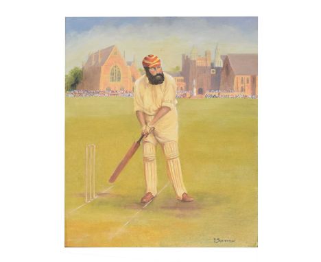 R. Swetman - Oil on board - W.G. Grace playing cricket at Clifton College, Bristol, signed lower right, 60cm x 50cm, framed
