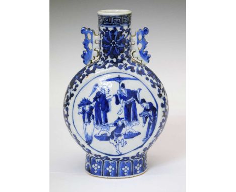 Chinese blue and white porcelain moon flask, decorated with panels of figures, 22.5cm high