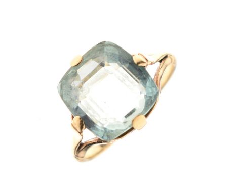 Aquamarine single stone ring, the square cushion cut measuring approximately 10mm x 10mm, the yellow metal mount stamped '9ct