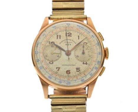Mid century Chronographe Suisse Antimagnetique 18K case back wristwatch, having a champagne dial with gilt Arabic hour marker