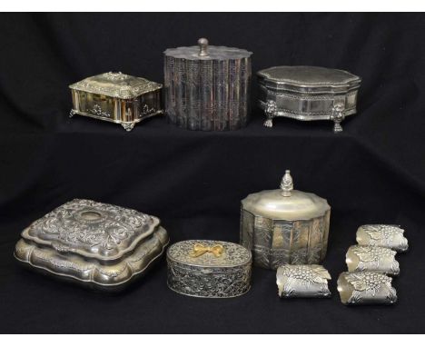 Group of seven late 20th century pewter and silver plated boxes to include jewellery boxes, tea caddy, etc, 18.5cm wide and s