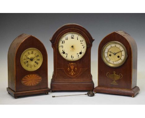 Edwardian inlaid mantel clock, having a cream Arabic dial signed 'Gilbert', together with two other mantel clocks both with R