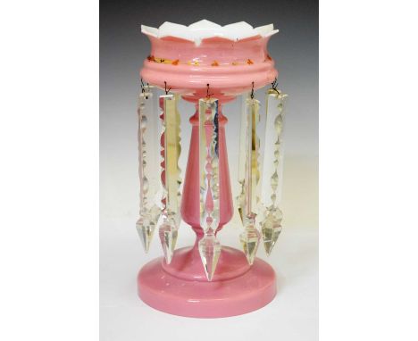 Early 20th century pink lustre with gilt decoration, 32.5cm high, together with a glass and gilt metal lustre table lamp and 