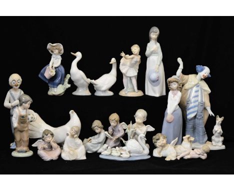 Collection of Lladro and Nao porcelain figures to include; clowns, geese, ballerina, winged children, etc, 27cm high and smal