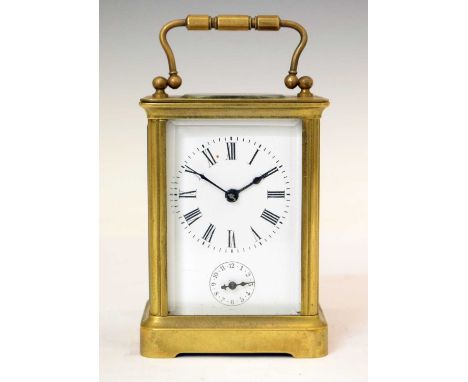 Late 19th century French carriage clock with alarm, having a white enamel Roman dial with subsidiary, oval bevelled glazing t