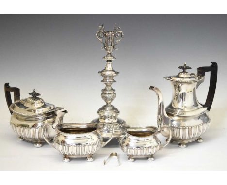 Four piece Walker &amp; Hall silver plated tea set comprising tea pot, coffee pot, milk jug, sugar bowl and tongs, together w