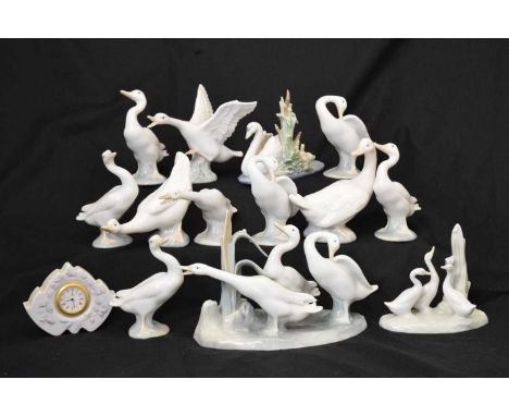 Lladro - 'Follow me' porcelain figure group (5722), together with another figure group, eight geese figures and a small clock