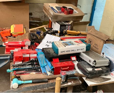 Large qty of new drill bits, storage board, 3 sledge hammers, socket set, axes and saws 