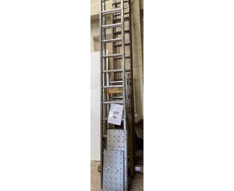 4 various sized ladders including roofing ladder and 15 step double extending ladder 