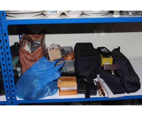 Collection of camera accessories, model toy, plate, decanters, metalwares, pens, etc.
