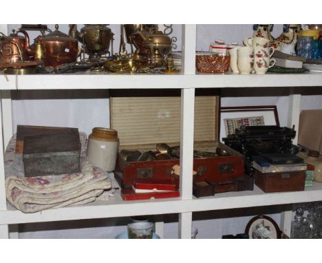 Collection of fabrics, metalwares, sampler, print, Underwood typewriter, clock, cutlery.