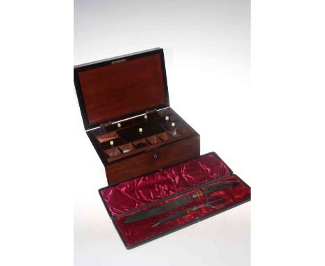 Mahogany sewing box with key and cased horn handled bread knife and fork.