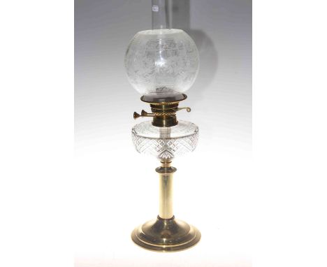 Brass oil lamp with etched glass shade, 62cm.