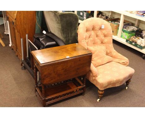 Victorian button backed chair on turned legs and small late Victorian drop leaf table, gilt framed girandole and wall mirror 