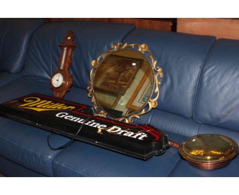 Barometer, mirror, brass warming pan and Miller Genuine Draft sign.