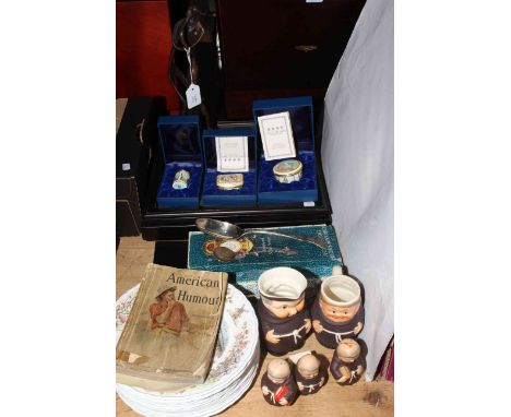 Halcyon Days enamels in boxes, chess board, cutlery, Wedgwood Foxwood Tales collector plates, Goebel.