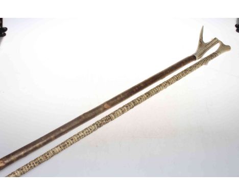 Vertebrae walking stick with horn handle and horn handled walking stick.