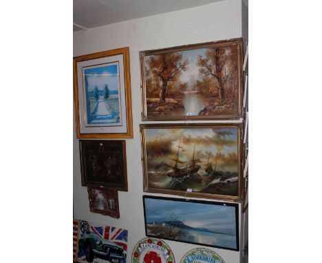 T. Slowsky, Ships on Stormy Sea, three framed oils, limited edition print and map print.