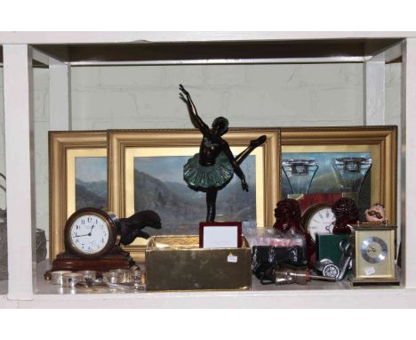 Collection of pictures, resin figures, mantel and carriage clock, watches, six silver spoons, camera, etc.