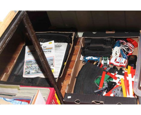 Two boxes of Scalextric track, five vehicles, controllers, etc.