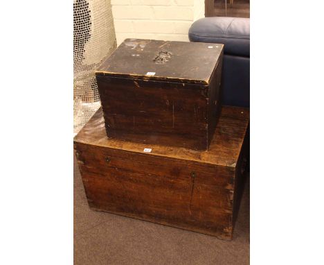 Teak trunk and small silver chest.