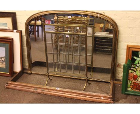 Gilt framed overmantel mirror, fretwork wall mirror, brass and glass panelled firescreen and copper kerb (4).