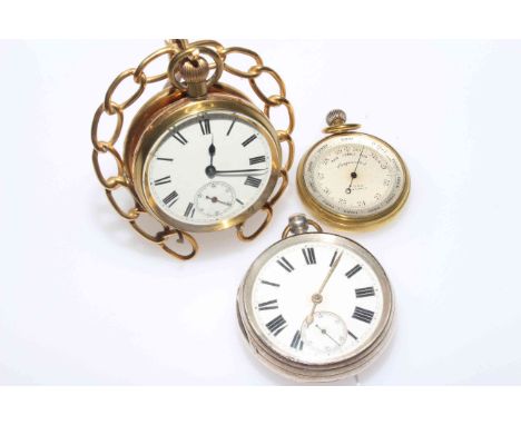 Victorian silver pocket watch, Chester 1888, gold plated keyless watch with stand and pocket barometer by Ross, London (3).