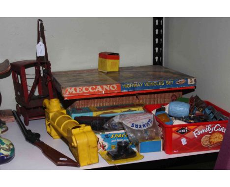 Triang tin toy, Meccano 5th US Cavalry Fort, Diecast toy cars, Corgi toy box.