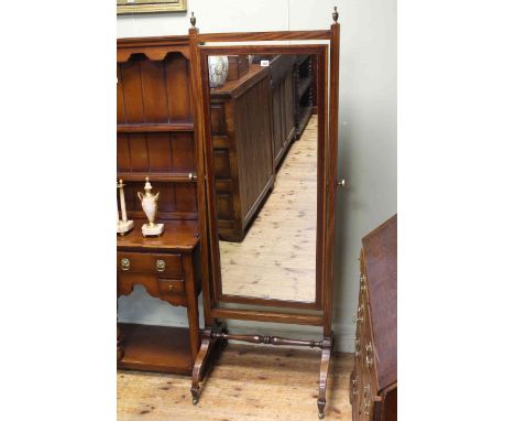 Victorian mahogany and satinwood banded cheval mirror with brass finials, 170cm by 68cm.