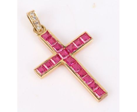 Gold ruby and diamond set cross pendant, the cross set with seventeen square cut rubies, with four diamonds to the loop, 22mm