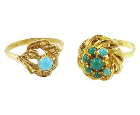 18ct gold turquoise cluster ring and one other gold single stone turquoise ringCondition Report:18ct gold 3.55gm, size J-K, o