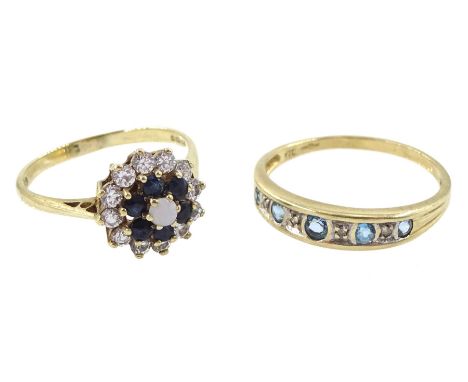 Gold opal, sapphire and cubic zirconia cluster ring and one other blue stone and diamond chip half eternity ring, both hallma