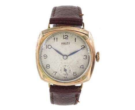 Rolex gentleman's 9ct gold manual wind wristwatch, silvered dial with Arabic hour markers and subsidiary seconds dial, case m