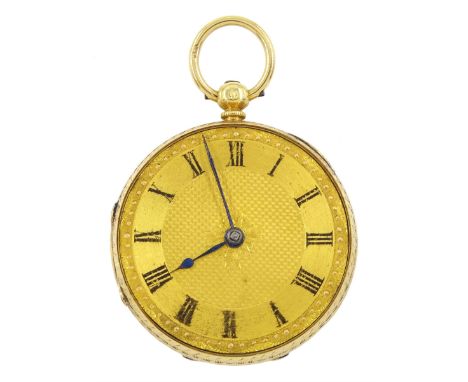 Victorian 18ct gold open face key wound lever pocket watch, No. 58513, gilt dial with Roman numerals, balance cock with diamo