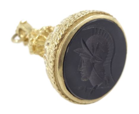 9ct gold black onyx intaglio fob, depicting a Roman Centurion, London 1967Condition Report:Approx 17.3gm, diameter = 23mm, he