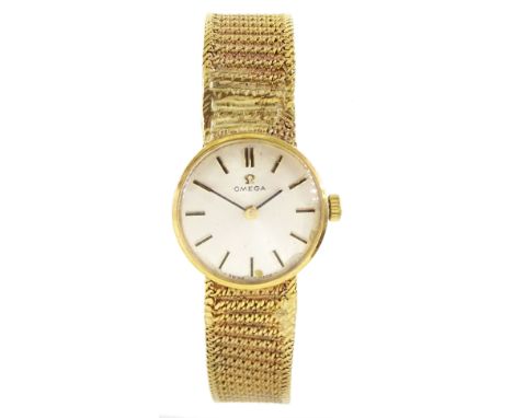 Omega ladies 9ct gold manual wind wristwatch, on integral 9ct gold bracelet, hallmarked, boxed with papersCondition Report:Ap