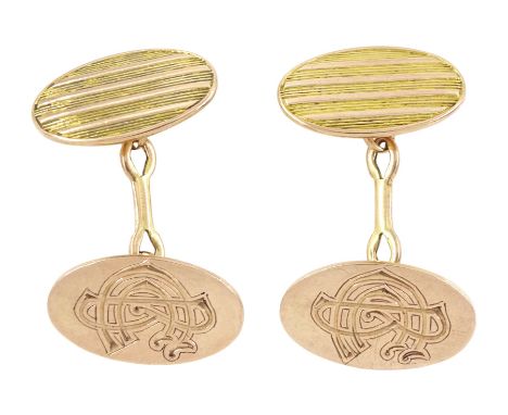 Pair of gold  cufflinks, with engine turned and monogrammed CB decoration, stamped 9ctCondition Report:Approx 6.5gm, tested 9