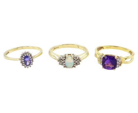 18ct gold cushion cut amethyst and round brilliant cut diamond ring and two 9ct gold rings including tanzanite and diamond an