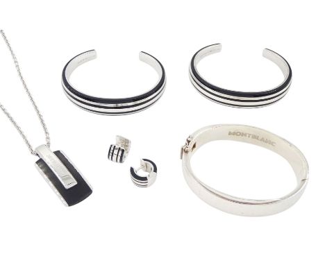 Mont Blanc silver jewellery including two Star with resin inlay torque bangles, similar pair of hoop stud earrings, silver ba