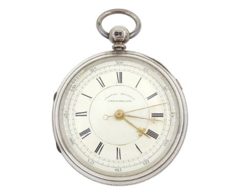 Victorian silver centre seconds key wound chronograph pocket watch by John Blackhurst, Crewe, No. 27206, white enamel dial wi