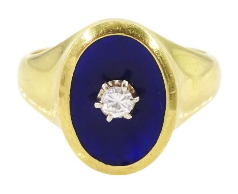 18ct gold blue enamel and single stone round brilliant cut diamond ring, Birmingham import mark 1990, diamond approx 0.15 car