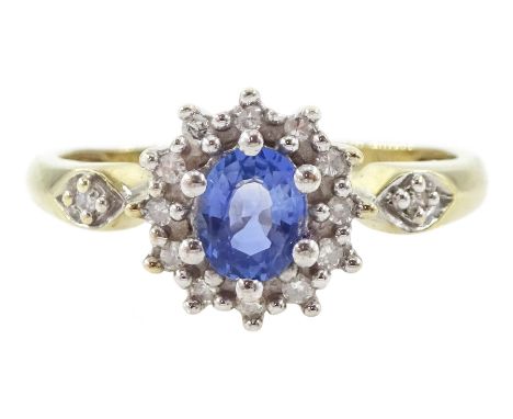9ct gold oval cut sapphire and diamond cluster ring, hallmarkedCondition Report:Approx 1.55gm, size J-K, overall head = 9mm x