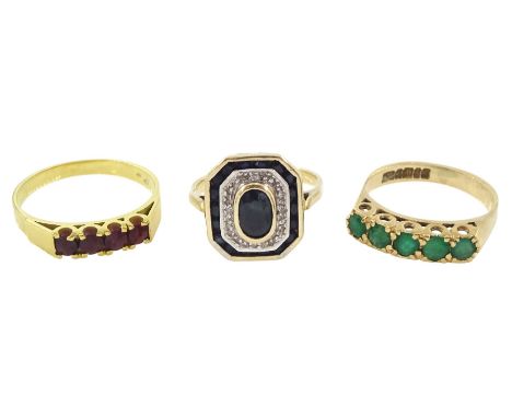 Gold sapphire and diamond panel ring, gold five stone emerald ring, both hallmarked 9ct and a silver-gilt five stone garnet r