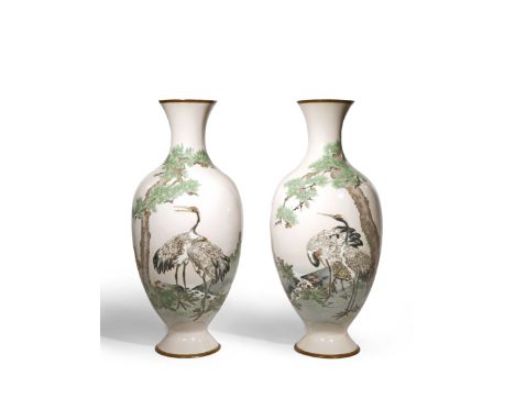 A PAIR OF LARGE JAPANESE CLOISONNE ENAMEL VASES MEIJI 1868-1912 The tall baluster bodies both decorated in musen (wireless) a