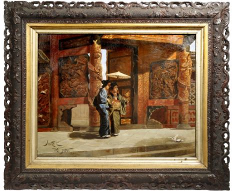 A JAPANESE OIL PAINTING ON CANVAS IN YOGA STYLE DATED 1888 Depicting two beauties standing at a temple gate and observing two